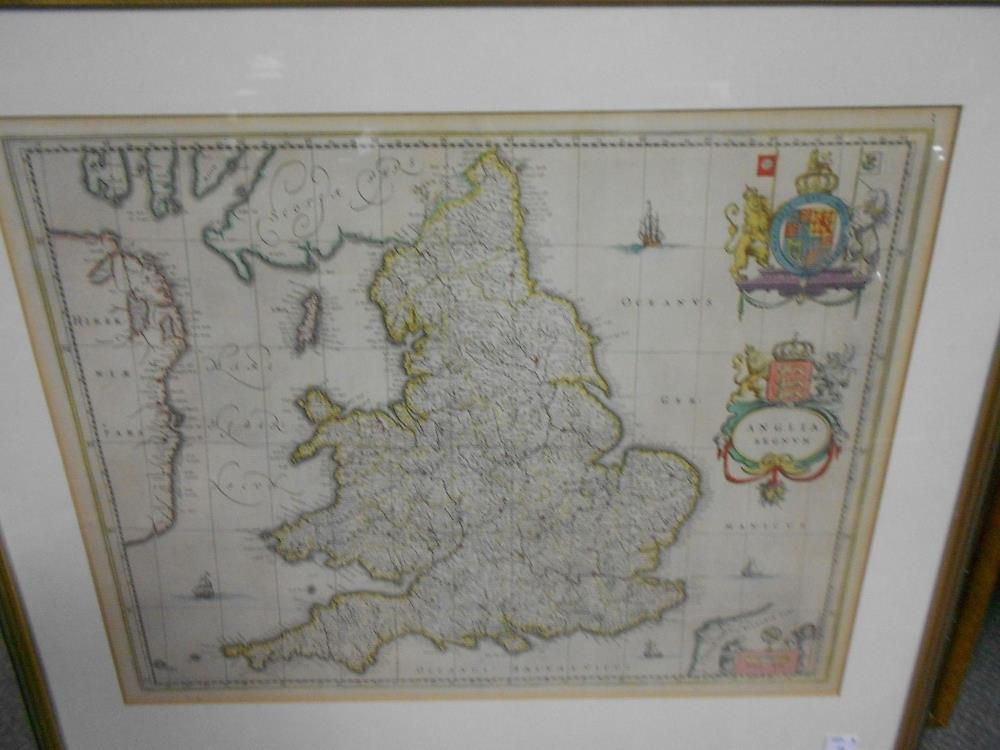 [J & W Blaeu], Anglia Regnum, engraved map of England and Wales, armorial title cartouche and