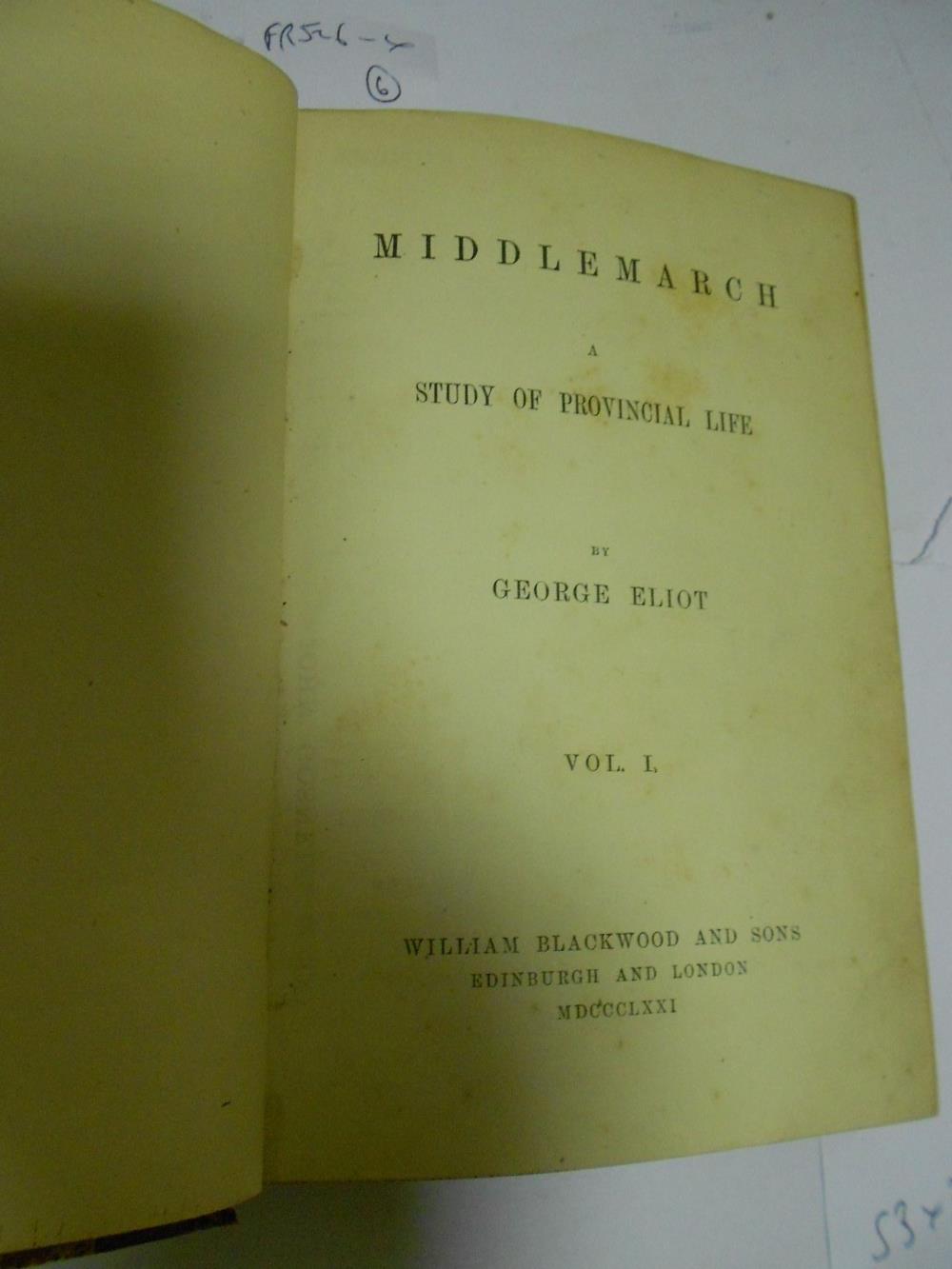 ELIOT (G) pseud. of Mary Ann EVANS Middlemarch. A Study of Provincial Life, 4 vol., first edition, - Image 2 of 3