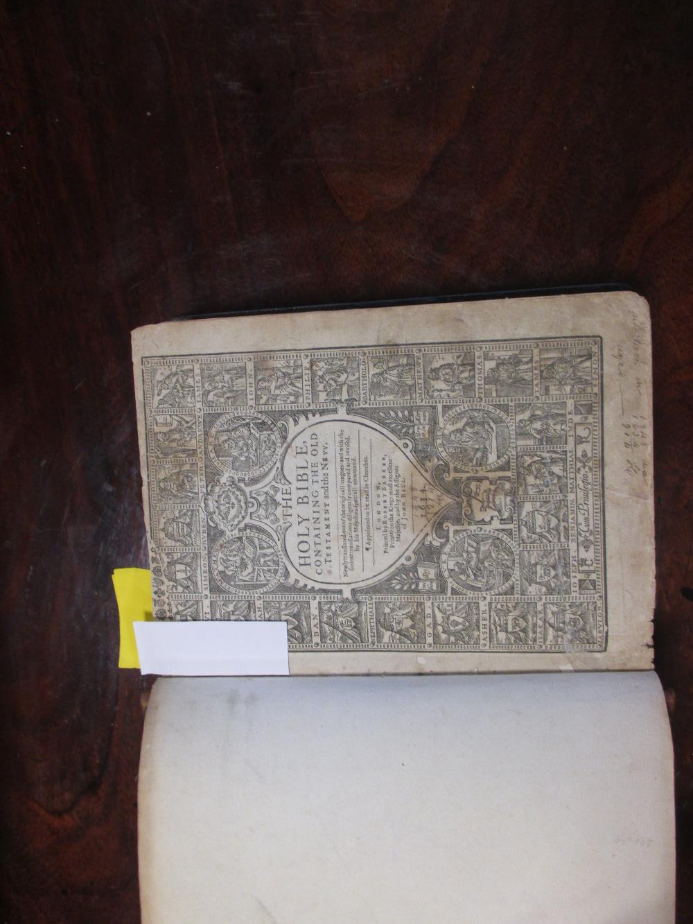 Bible, Barker and Bill 1634, engraved title (chipped and stained), gaffiti overleaf, lacking NT - Image 2 of 2