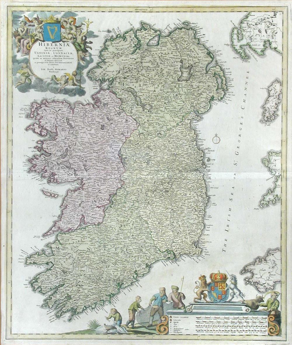 J. B. Homann, Hiberniae Regnum, 18th century hand coloured engraved map of Ireland, 58 x 49cm (23