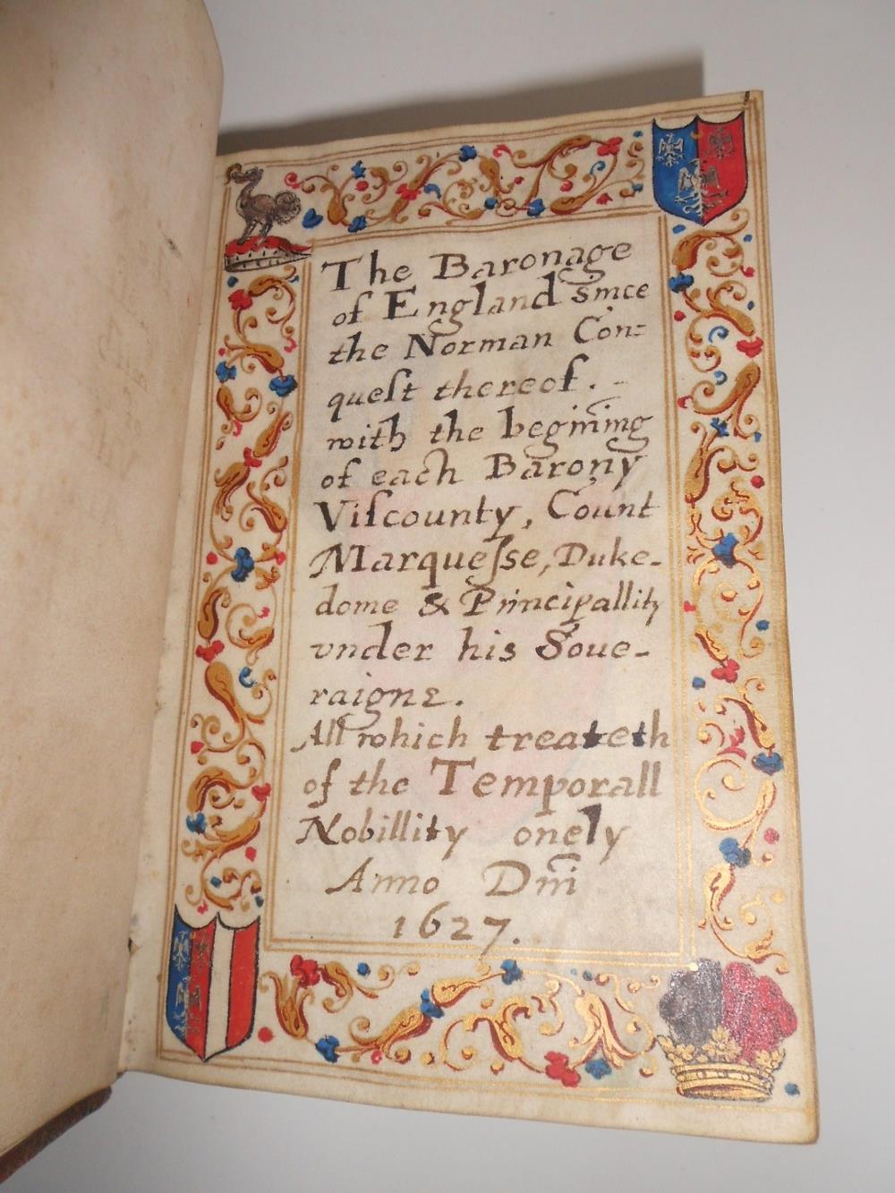 The Baronage of England since the Norman Conquest, 1627, small 8vo, fine manuscript book on vellum - Image 3 of 6