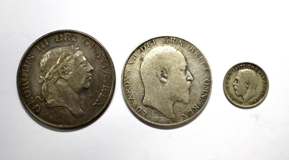 An 1813 three shilling bank token of VF or better together with an Edward VII halfcrown, 1906 and - Image 2 of 2