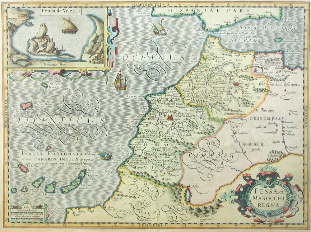 G. Mercator and J. Hondius, Fessae et Marocchi Regna, hand coloured engraved map, Amsterdam, 1630 or