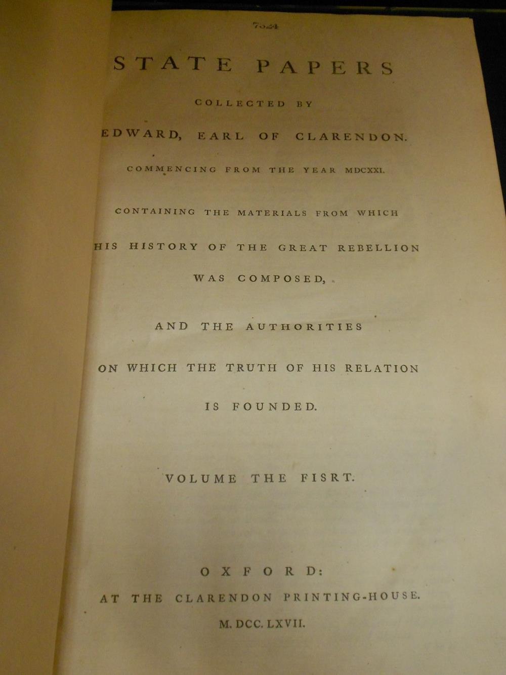 CLARENDON (Edward, Earl of) State Papers, 3 vols. Oxford 1767-1786, folio, ex library, neat - Image 3 of 4