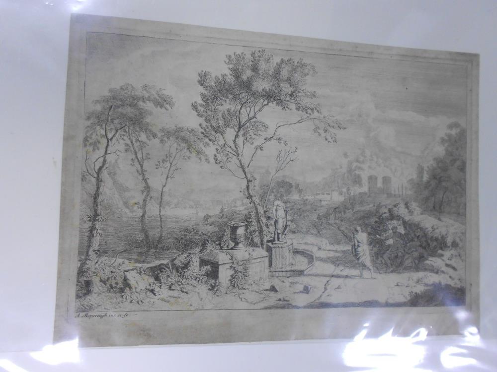 A folder of prints and engravings, including: Albert Meyeringh, classical landscape with figures