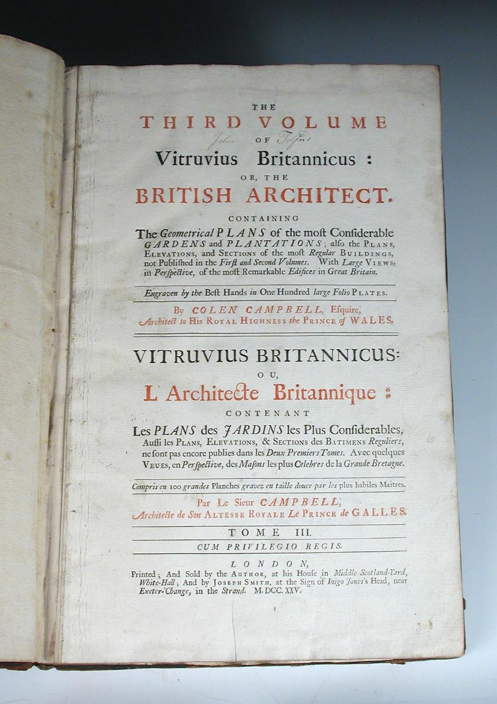 CAMPBELL (Colen) The Third Volume of Vitruvius Britannicus, or the British Architect, London 1725,