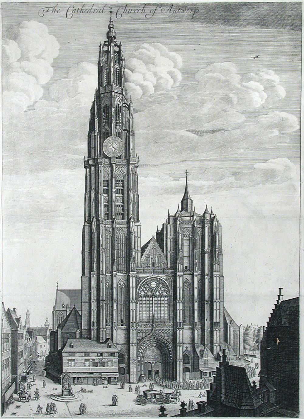 Wenceslas Hollar (1607-1677) Antwerp Cathedral, etching, 1649 or later, state with text above the