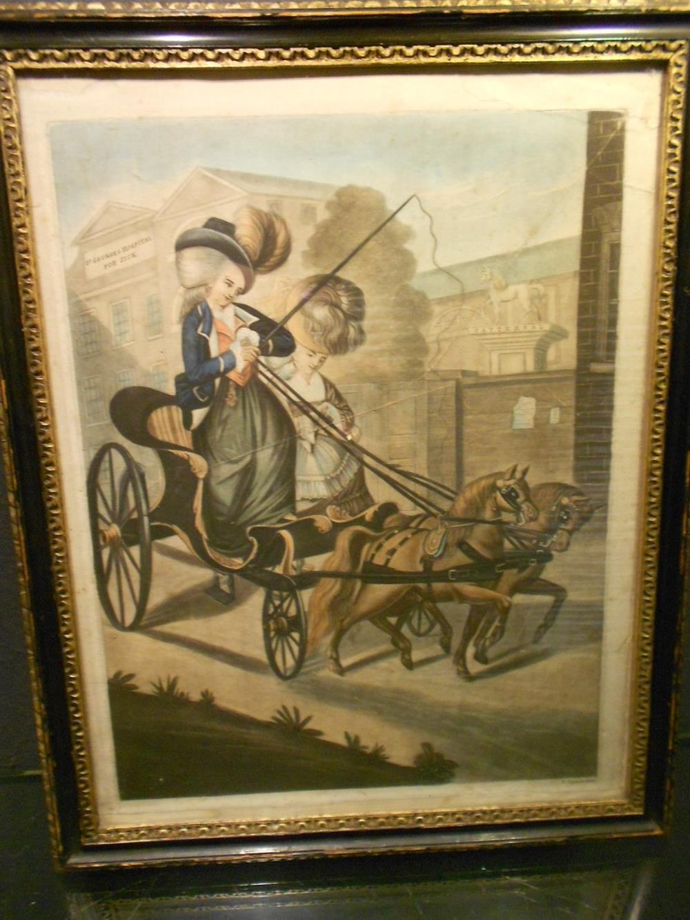 Robert Dighton, Two fashionable ladies carriage driving by Tattersal's, coloured mezzotint, 35 x - Image 2 of 4