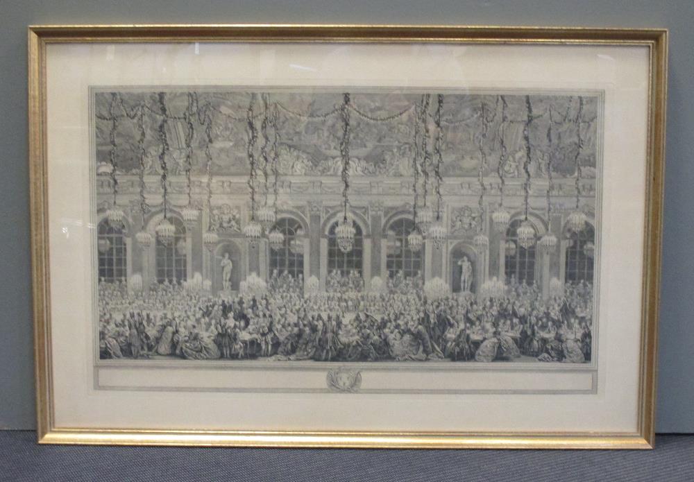 Versailles, Galerie des Glaces, Historical banqueting scene, engraving, late 19th century, 46.5 x