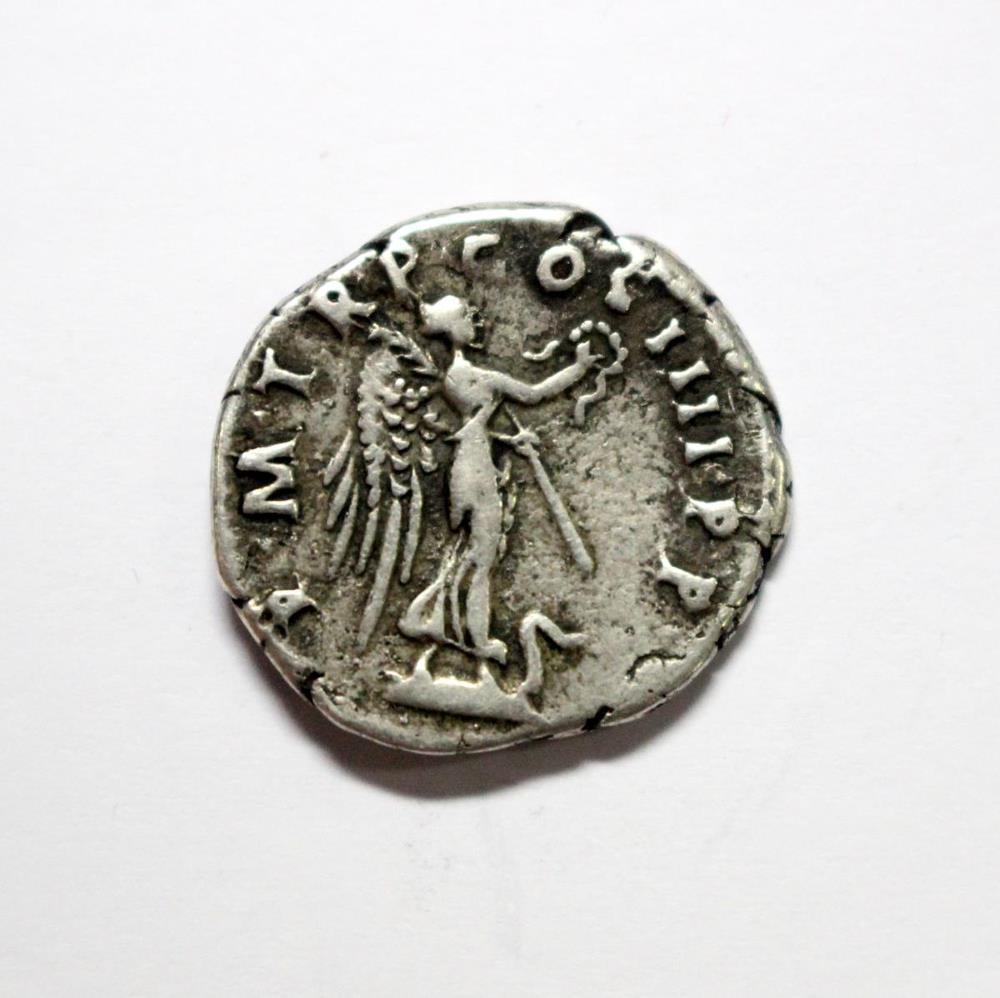 Trajan (98-117 AD) AR Denarius, obverse laureate head right, reverse Victory standing right on