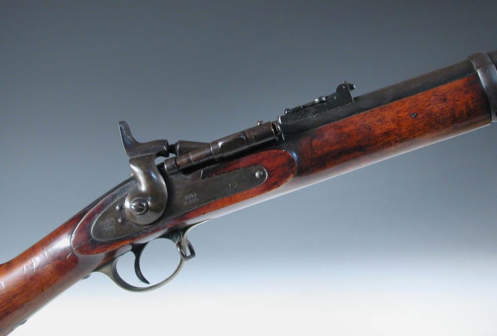A Kerr's patent breech loading musket, the lock with VR below Crown, 1863 over L.A.Co, 3 banded
