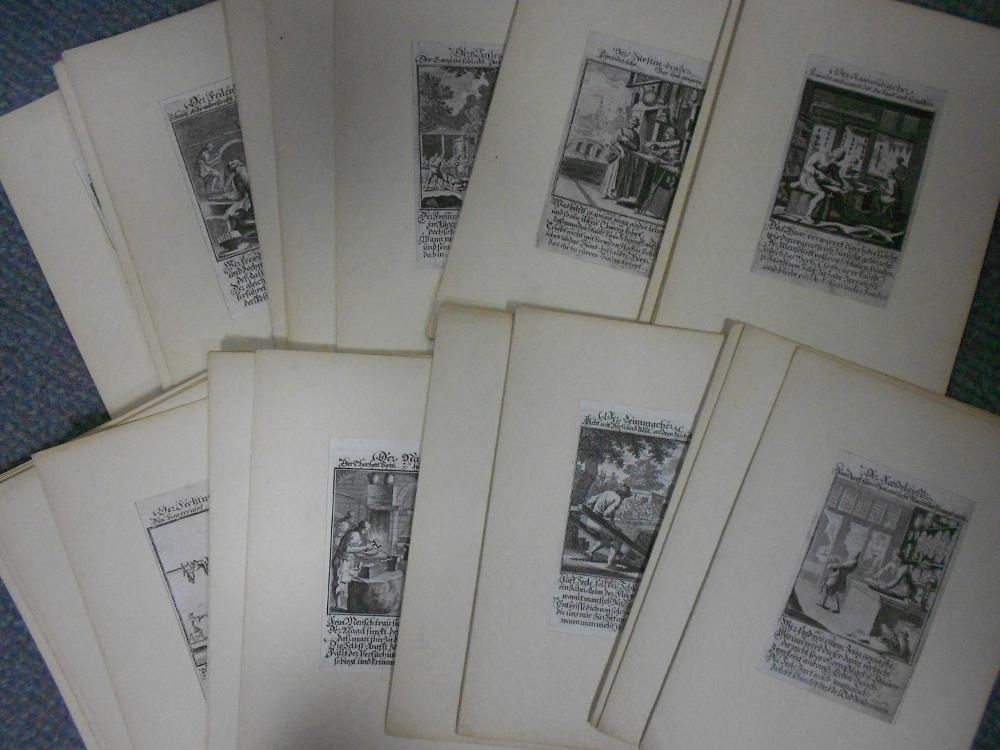 A collection of c.53 German 18th century engravings of trades, with titles above and text below,