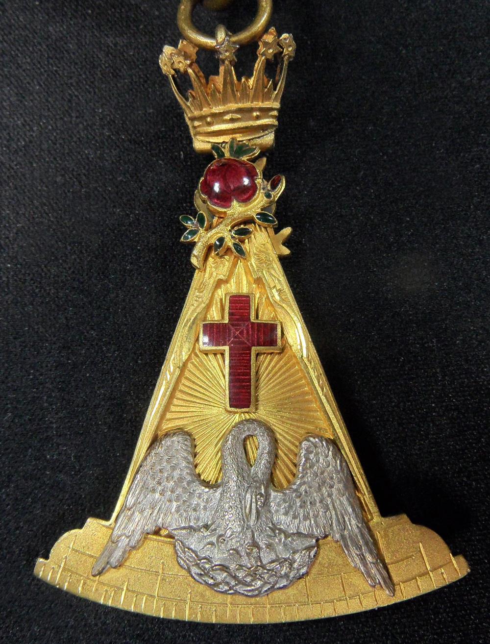 A Rose Croix Masonic apron and collar, heavily embroidered, the collar suspended with a gemset jewel - Image 2 of 2