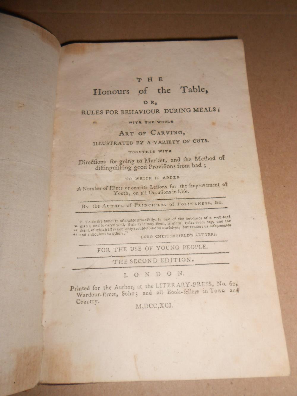 [TRUSLER (John)] The Honours of the Table, or, Rules for Behaviour During Meals, with the Whole