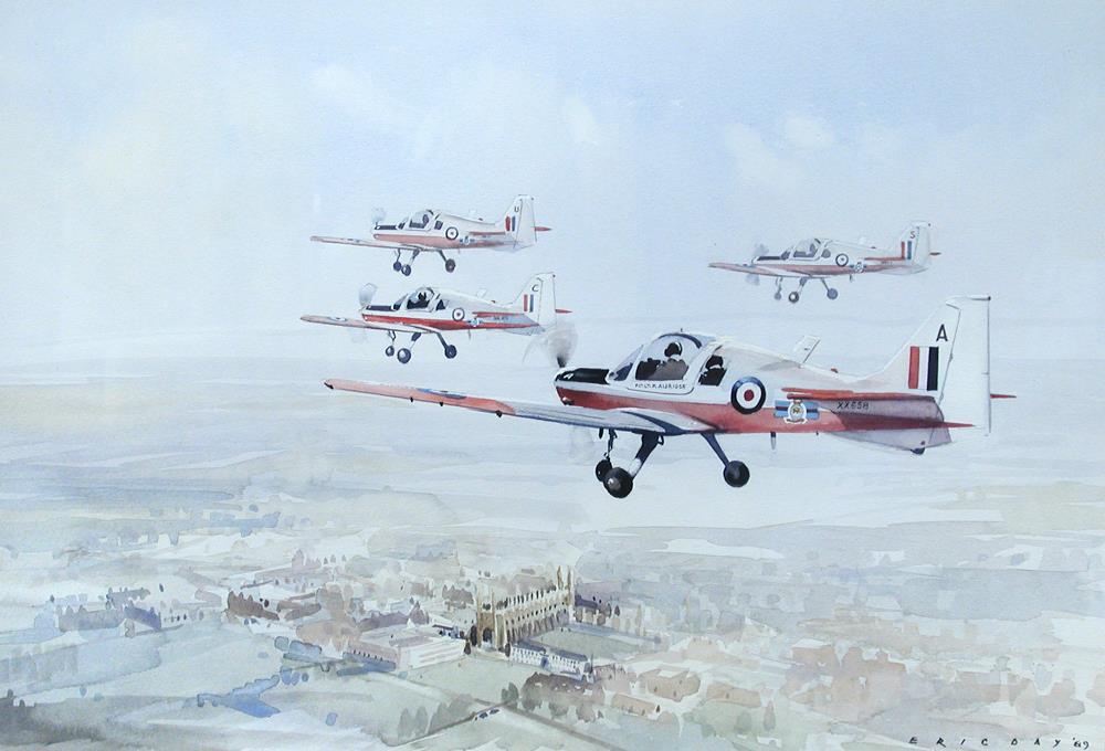 Eric Day (British, 20th Century) Flight Lieutenant Keith Aldridge in a Scottish Aviation Bulldog