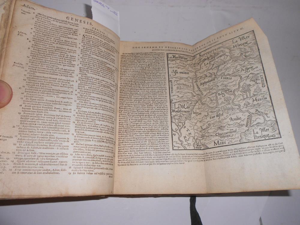 Bible in Latin, printed by Claude de Huchin, Lyon [circa 1566], 8vo, 5 folding maps or plans, 4 - Image 3 of 3