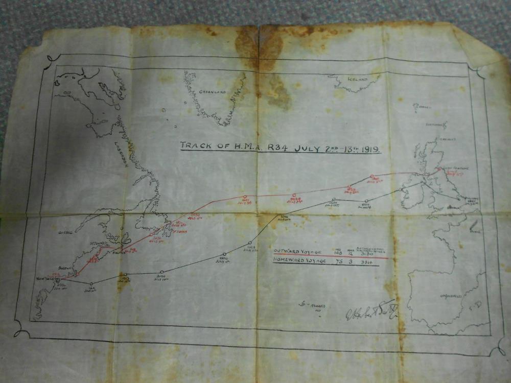 Airship R34. Track of H.M.A. R34 July 2nd - 13th 1919, original folding pen and ink plan of the