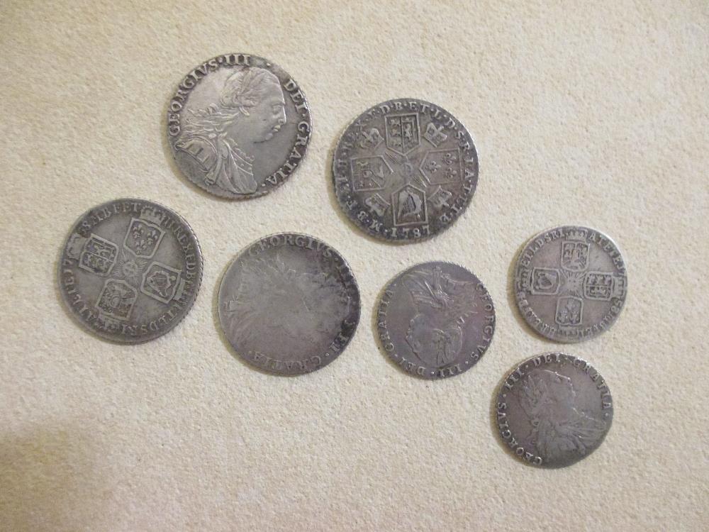 Shillings, 1758 F or better, 1787 (3) all F/VF, together with 3 sixpence 1758 and 2 x 1787 all F