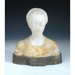 A late 19th or early 20th century carved alabaster bust of a lady, mounted to a plinth base,