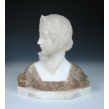 An Art Nouveau Alabaster bust of a pre-Raphaelite lady, carved wearing a head scarf, the top of