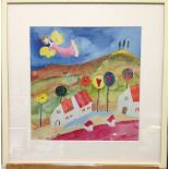 Sylke Claridge (British, 20th Century) Angel flying over a village signed lower left "Sylke