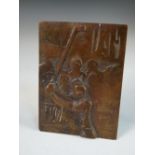 A French bronze golfing trophy, the rectangular plaque with golfer and spectators in relief,