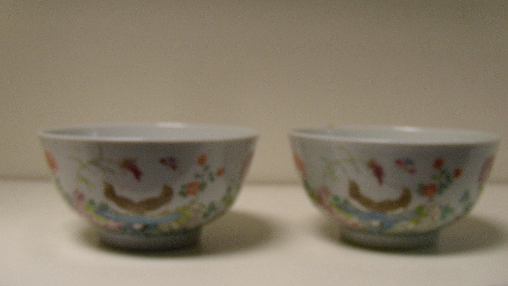 A pair of famille rose bowls, six character marks of Guangxu, each painted on the exterior with