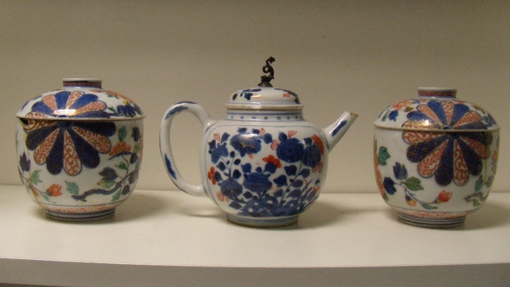 An 18th century Imari tea pot, a pair of Japanese Imari bowls and covers, the compressed spherical - Image 2 of 2