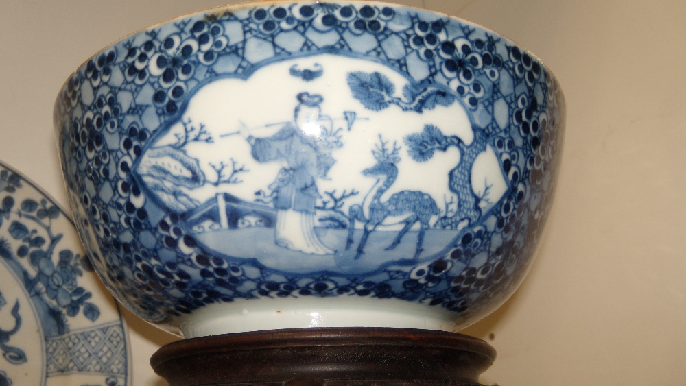 A pair of blue and white plates, period of Kangxi, and a later bowl, the plates painted with central - Image 3 of 5