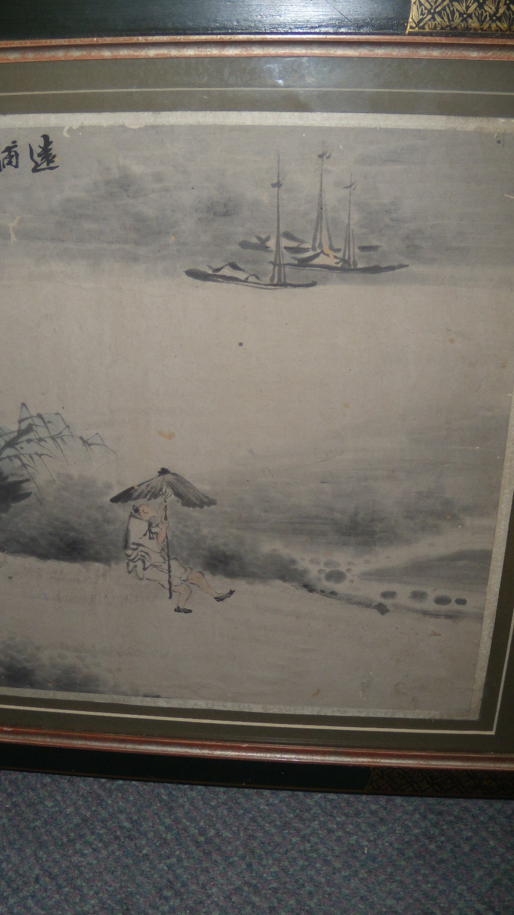 Shangguan Zhou (1665-after 1749), ink washes and body colour, a man on the shore with an umbrella - Image 2 of 3