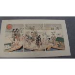Kunisada (1786-1865), a triptych wood block print, a snow scene of ladies boarding boats on a