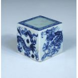 A Ming style blue and white square seal, the top with thunder scroll band, the sides with two