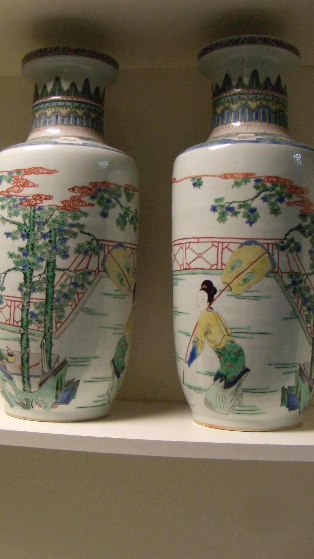 A pair of Kangxi style famille verte vases, each painted with ladies on a terrace and before a - Image 3 of 4