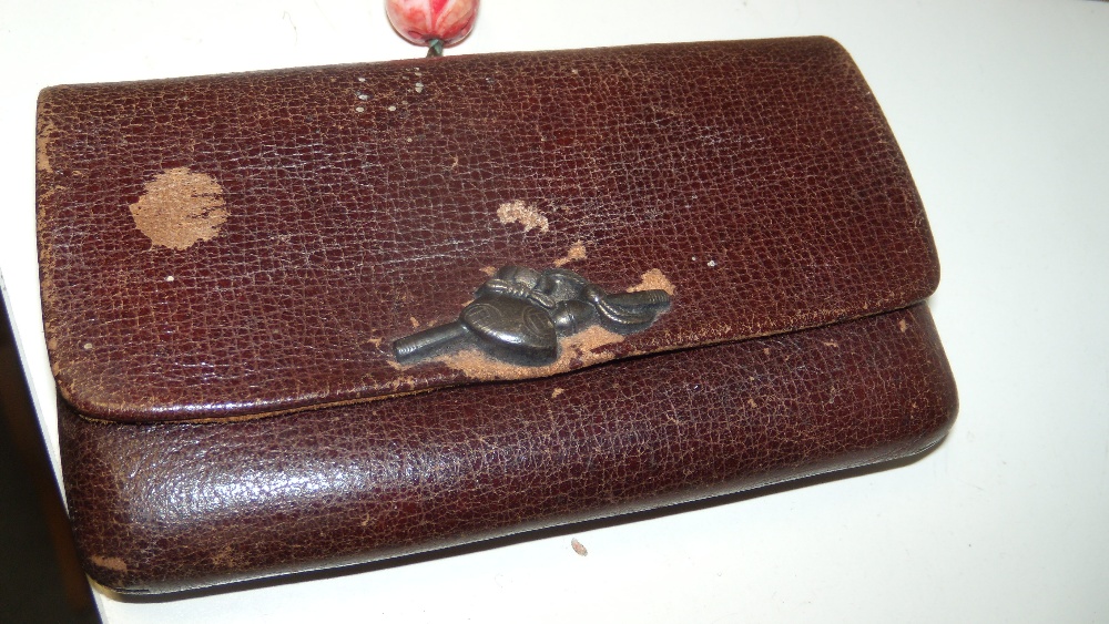 A pipe and tobacco pouch sagemono, the bamboo stemmed pipe with bowl and mouthpiece iroe on a - Image 3 of 4