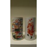 Two late 19th century brush pots, one of the cylindrical sides painted in iron red with Zhong Kui