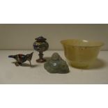 A hardstone bowl, a Budai, a cloisonne hoopoe and a covered vase, the pale green bowl translucent,