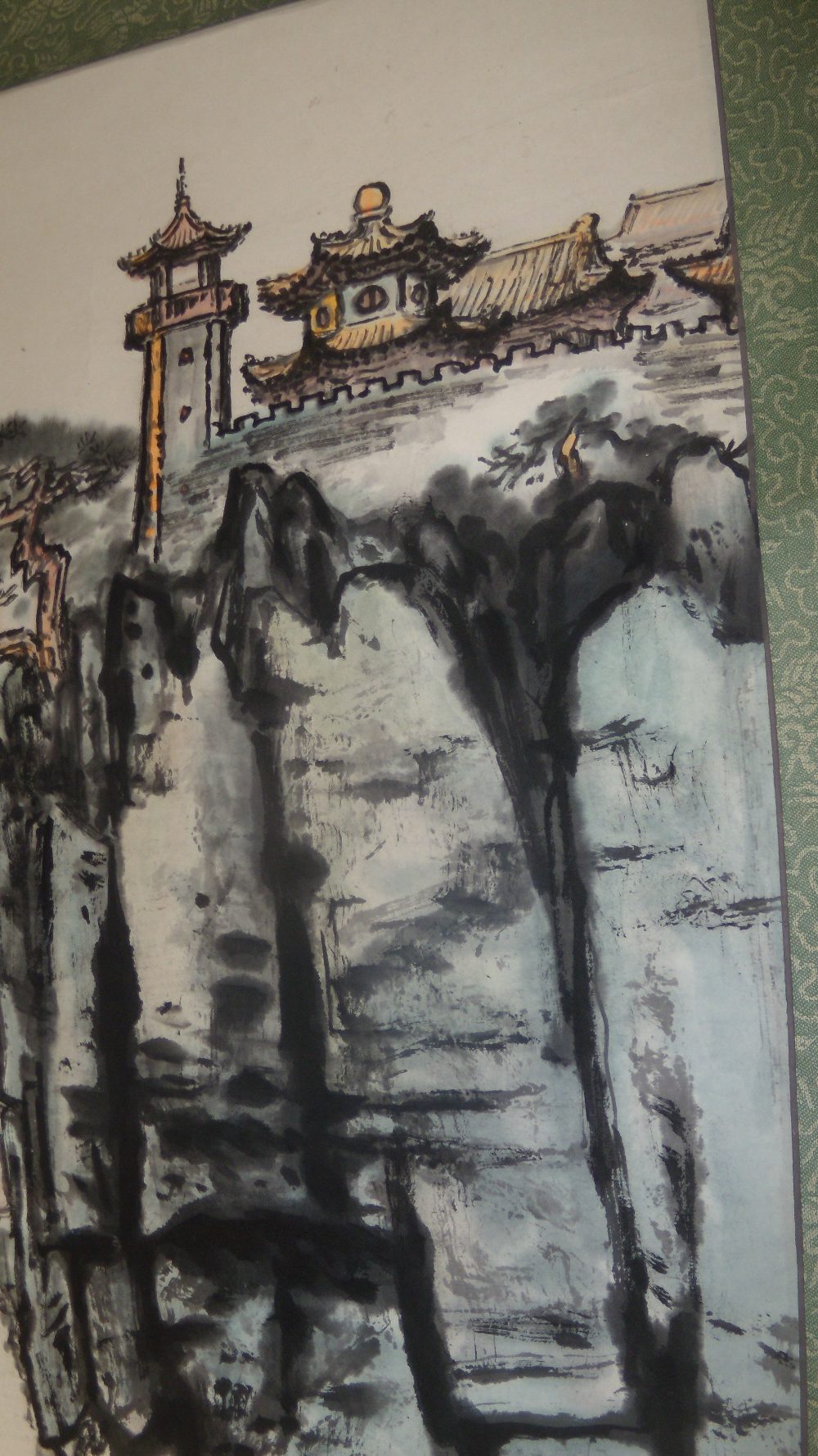 A 20th century scroll painting of the Penglai pavilion on its cliff top in Shandong province, with - Image 4 of 5