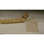 A 19th century Cantonese needle case and ivory panel, the tapering cylindrical exterior of the