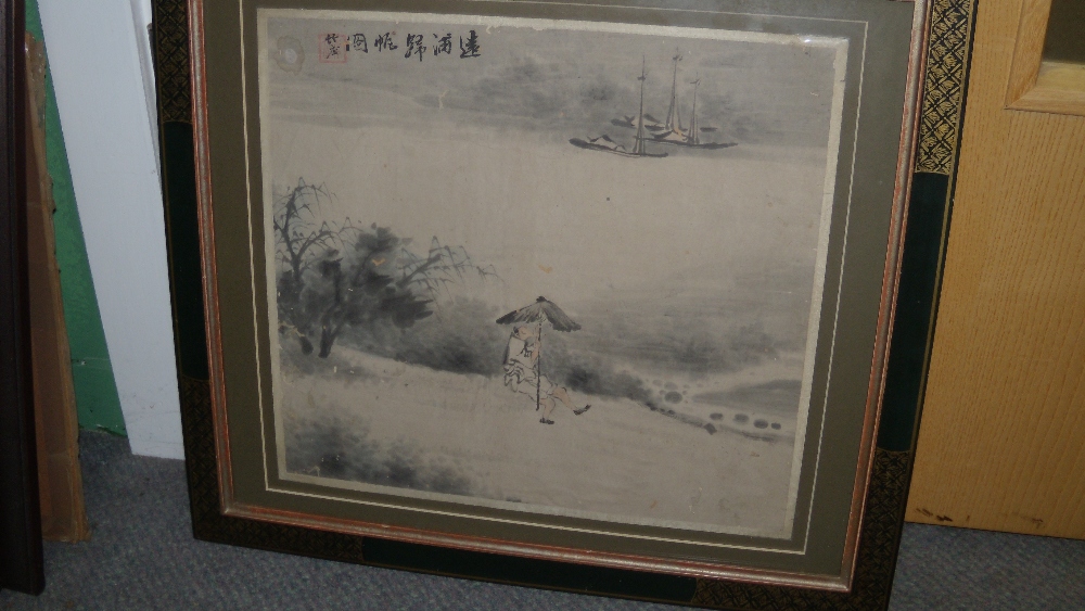 Shangguan Zhou (1665-after 1749), ink washes and body colour, a man on the shore with an umbrella