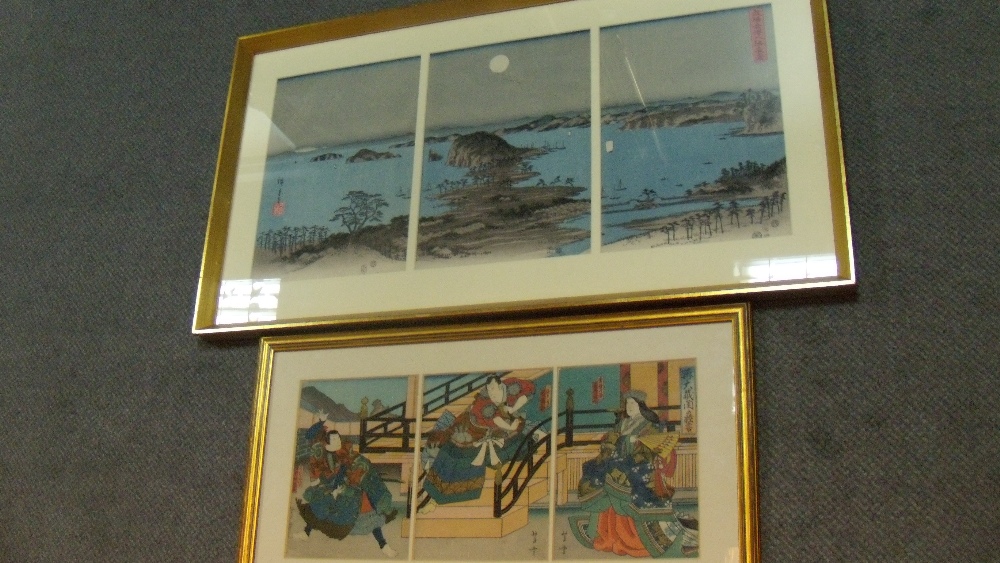 Hiroshige and Yoshitaki(1841-1899) two triptych woodblock prints, the first of pine trees on a