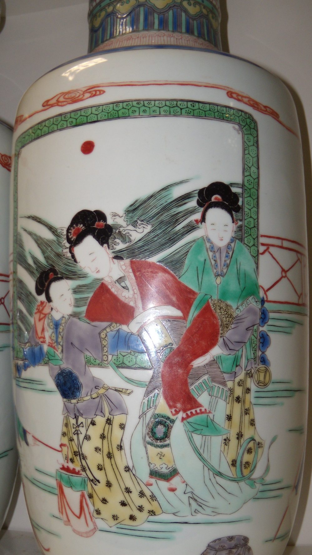 A pair of Kangxi style famille verte vases, each painted with ladies on a terrace and before a - Image 2 of 4