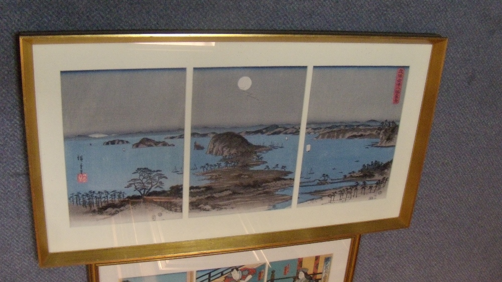 Hiroshige and Yoshitaki(1841-1899) two triptych woodblock prints, the first of pine trees on a - Image 2 of 3