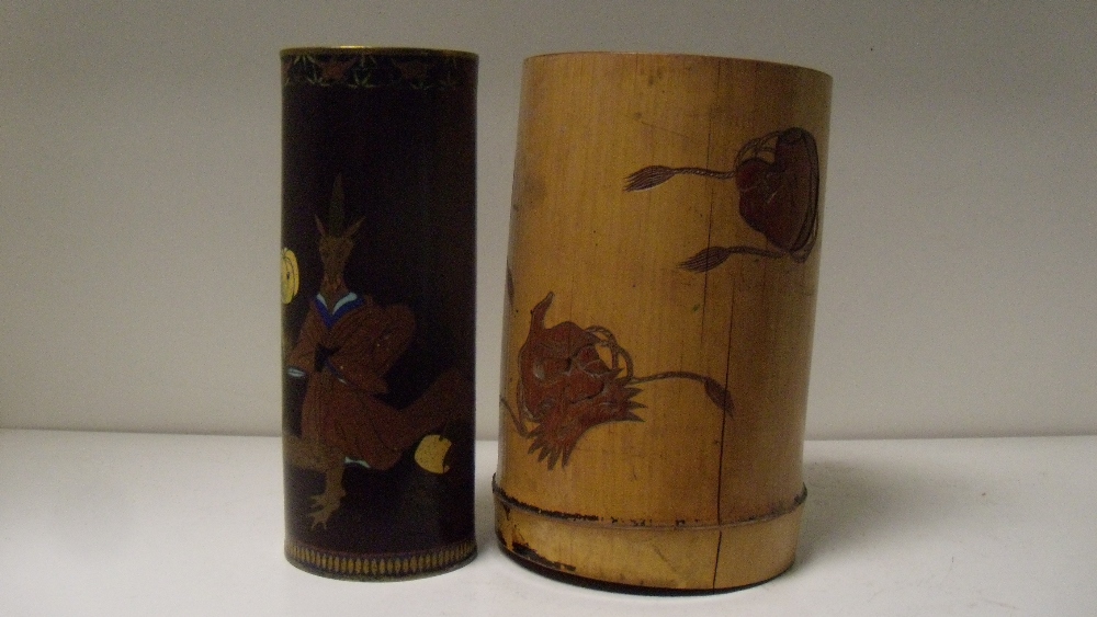 A 20th century bamboo and a cloisonne brush pot, the straw yellow cylindrical exterior of the - Image 2 of 2