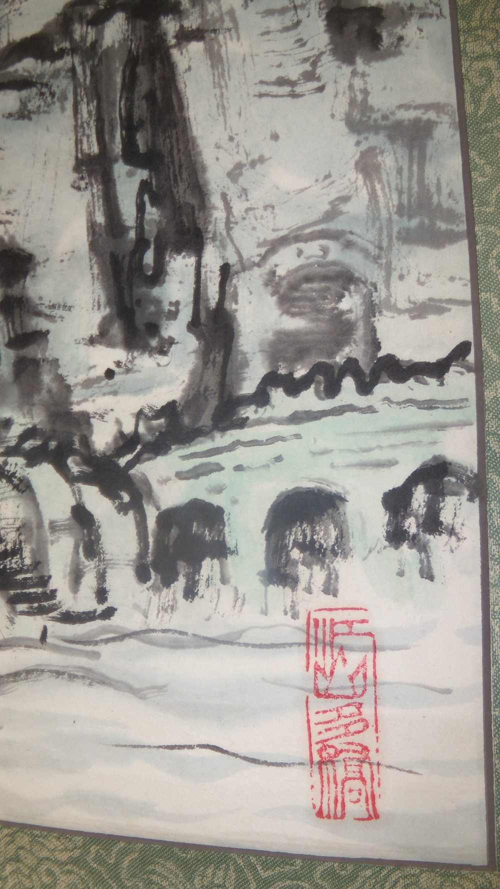 A 20th century scroll painting of the Penglai pavilion on its cliff top in Shandong province, with - Image 3 of 5