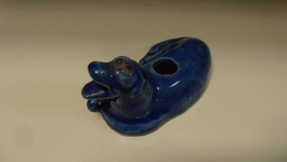 An 18th/19th century blue glazed beast water dropper, the roaring mouth of the reclining beast - Image 2 of 3