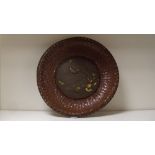 An earlier 20th century copper bordered bronze centred basket, the latter inlaid with a carp leaping