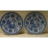 A pair of blue and white plates, period of Kangxi, each centrally painted with a boy waving from a
