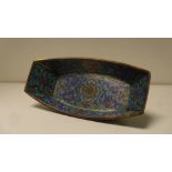 A 19th century cloisonne deep dish, the long sides of the rectangular shape rounded, dark blue