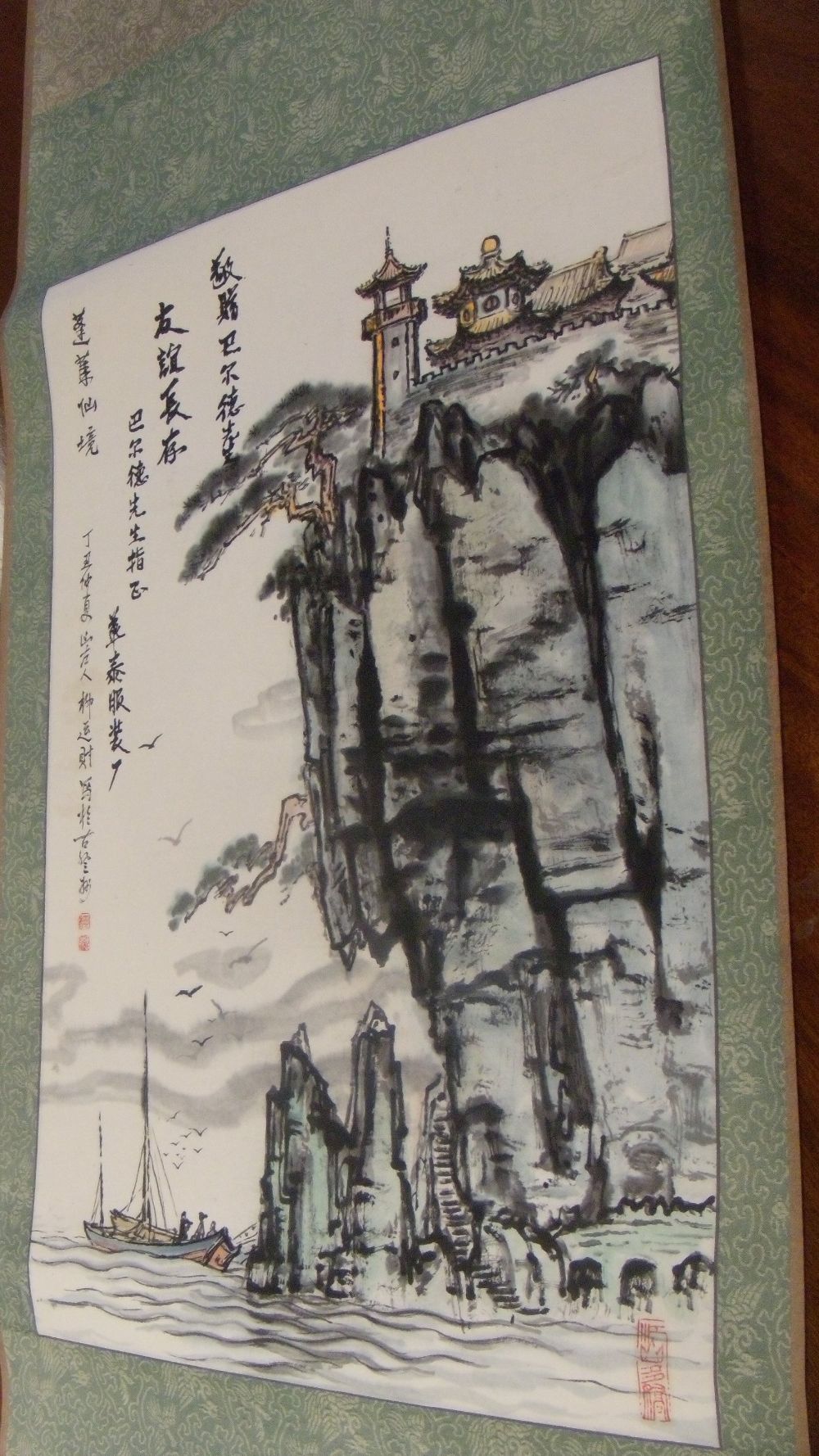 A 20th century scroll painting of the Penglai pavilion on its cliff top in Shandong province, with