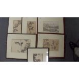 Six frames of nine prints, two pairs from Hokusai's 'Manga' and the remainder of birds by Kono